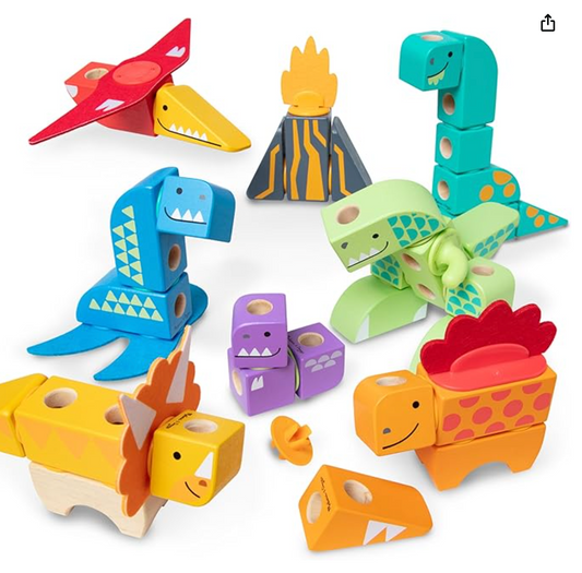 Melissa & Doug Blockables™ Dinosaur Snap and Play, Mix and Match Connectable Wooden Building Blocks Play Set Toy for Preschool Boys and Girls (69 Pcs) - FSC Certified